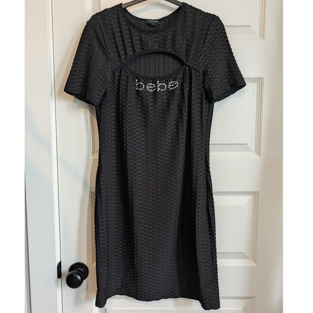 Bebe Black Textured Popcorn Knit Cutout Rhinestone Logo Mini Dress Large